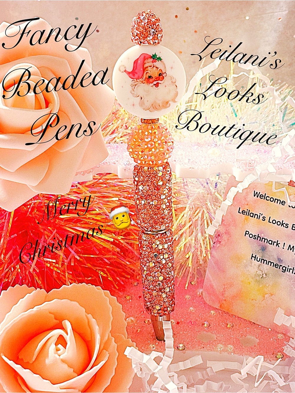 Pink Beaded Christmas Pen/Christmas Santa Claus beaded pen with glittery pink/